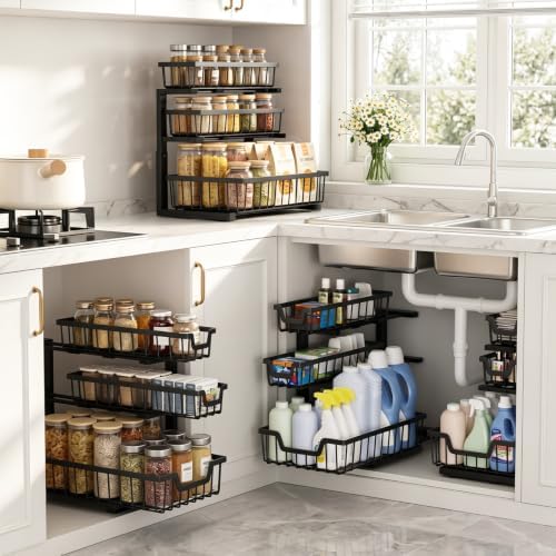 Under Sink Organizer, 2-Pack 3-Tier Height Adjustable Thickened Metal Pull out Cabinet Organizer Shelf, Slide out Storage Drawer Rack for Bathroom Kitchen Pantry Home Laundry Organization (Black)