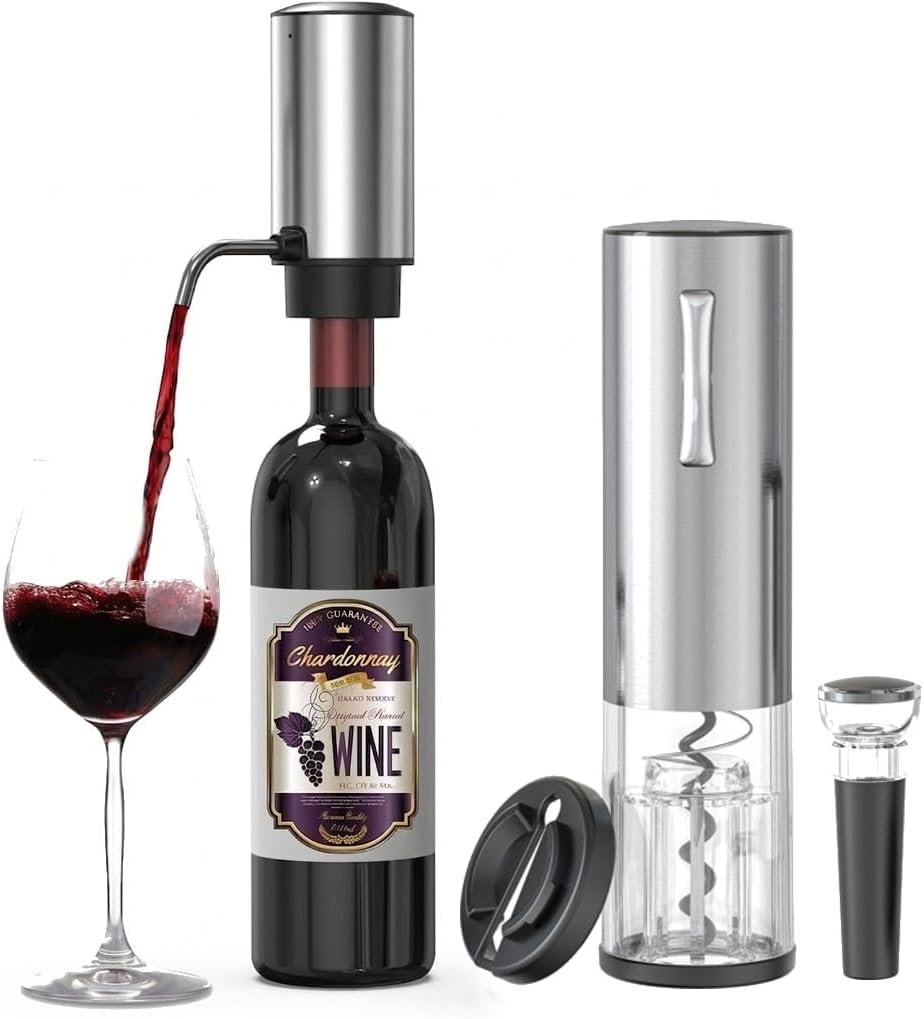 4-in-1 Rechargeable Electric Wine Opener Set with Aerator, Vacuum Stopper & Foil Cutter – Stainless Steel Portable Wine Bottle Opener Kit for Home Bar & Gifting