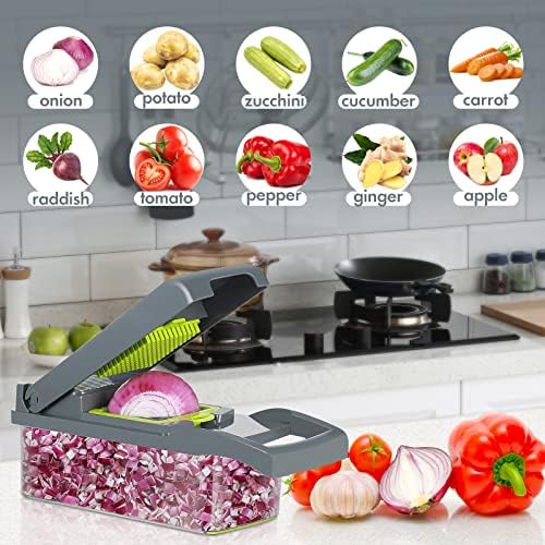 Vegetable Chopper Onion Cutter, 12 in 1 Professional Mandoline Slicer for Kitchen, Multifunctional Food Chopper for Potato, Tomato, Veggie with Strainer Basket, 8 Blades, Gray