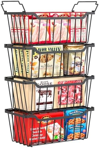 Freezer Organizer Bins, 4 Pack Stackable Pantry Storage Bins, Black