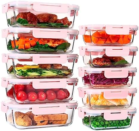 10 PACK Glass Food Storage Containers with Leak Proof Lids, Glass Airtight Meal Prep Containers Set for Lunch, On the Go, Leftover, Kitchen Pantry Organizers and Storage (Pink)