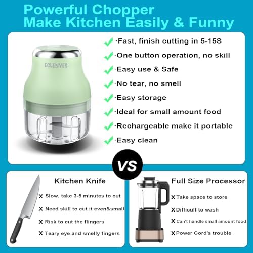 Vegetable Chopper, 100ML Electric Garlic Chopper, Rechargeable Mini Blender, Powerful Small Food Processor, Blender to Vegetable, Wireless Food Cutter for Ginger, Chili, Fruit, Meat, etc（Green） - Image 2