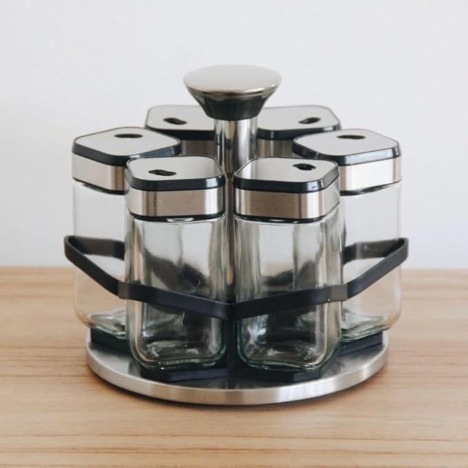 Rotating Spice Rack Organizer with 6 Glass Jars, Stainless Steel & Black Metal Stand, Space-Saving Countertop Spice Carousel, Modern Seasoning Storage Set for Kitchen, Home & Restaurant