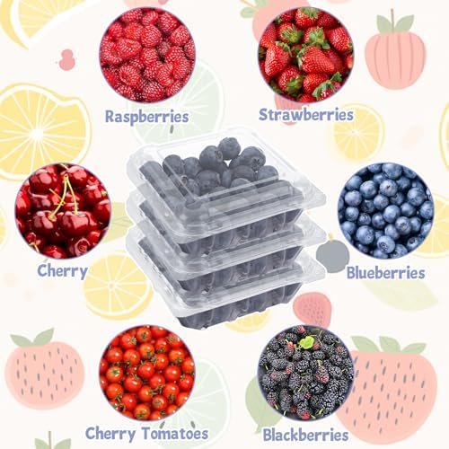 100PCS Berry Containers with Lids, Clear Plastic Vented Berry Containers for Blueberries, Raspberries, Blackberries, Tomatoes or Herbs