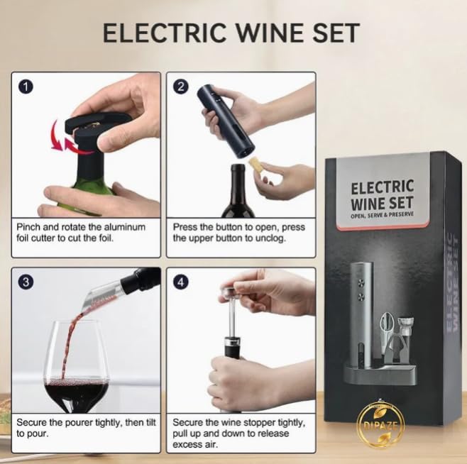 Electric Wine Opener Set 4-in-1 Automatic Corkscrew – Rechargeable Bottle Opener with Foil Cutter, Wine Pourer & Vacuum Stopper, Easy One-Touch Operation for Home, Kitchen & Gifts