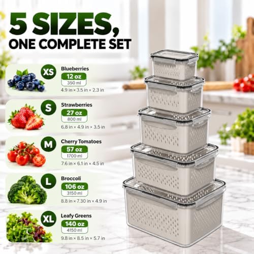 5 Pack Fruit Storage Containers for Fridge with Removable Colanders