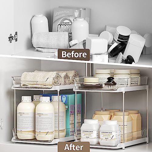2-Tier Multi-Purpose Bathroom Under Sink Organizers and Storage, Stackable Kitchen Pantry Organization, Pull Out Medicine Cabinet Organizer with Movable Dividers, White, 1 Pack