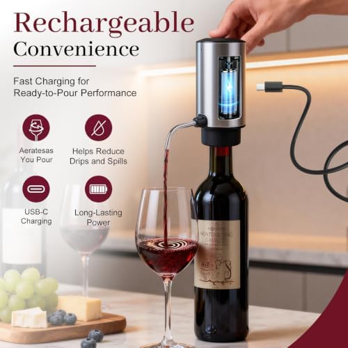 7-in-1 Electric Wine Opener & Aerator Set, Rechargeable Automatic Corkscrew, Wine Aerator, Vacuum Stoppers, Dispenser, Foil Cutter, Gift for Wine Lovers, Housewarming, Birthday, Wedding or Anniversary