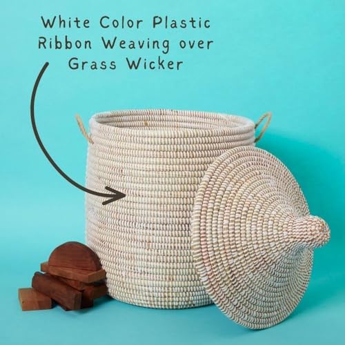 Small White Basket with Lid, African Woven Wicker Basket, Handwoven in Senegal, 12" W x 14" H