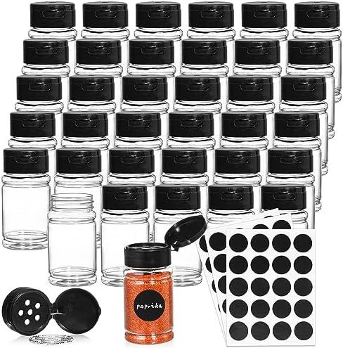 36 Pack 2.7 Oz Small Plastic Spice Bottles with Black Shaker Lids and Labels, Empty Plastic Jars with Lids, Seasoning Shaker Containers for Travel, Camping, Glitter, Gift, Party Favors - Clear