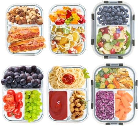 Glass Meal Prep Containers with Lids, 2 & 3 Compartment Lunch Containers