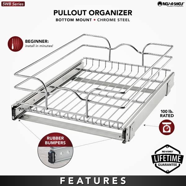 Rev-A-Shelf Steel Wire Pullout Drawer Organizer Shelf for Kitchen Cabinets, Slide Out Storage Basket, Min Opening Width of 14.5", 15" x 20", 5WB1-1520CR-1