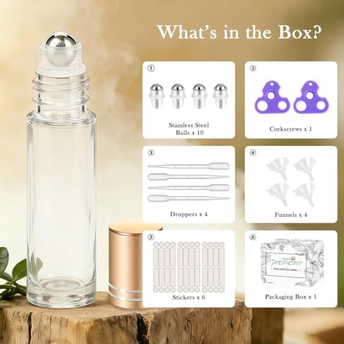 PrettyCare 24 Pack, 10 ml Essential Oil Roller Bottles with Stainless Steel Roller Ball - Refillable Leak-proof Empty Thick Clear Glass Roll on Bottles with Metal Caps for Travel, Perfume - Image 2