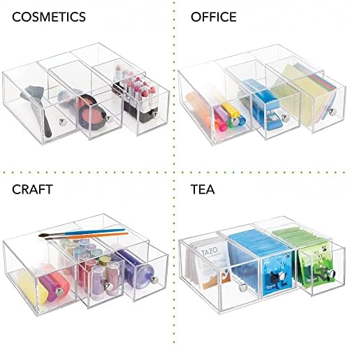Plastic Kitchen Pantry Stackable Storage Organizer Container Station with 3 Drawers for Cabinet, Countertop, Holds Coffee, Tea, Sugar Packets, Creamers - Lumiere Collection - Clear