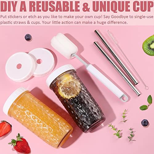 2 Pcs 24oz Glass Cups Set, Mason Jar Drinking Glasses with Lids and Straws & 2 Airtight Lids, Cute Reusable Smoothie cups, Iced Coffee Cups, Travel Tumbler for Bubble Tea, Juice, Gift