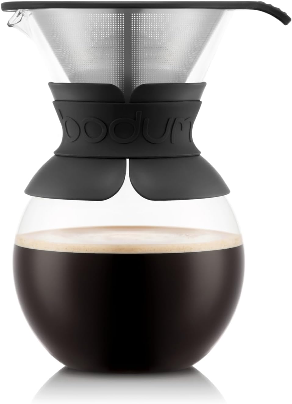34oz Pour Over Coffee Maker, High-Heat Borosilicate Glass with Reusable Stainless Steel Filter and Black Band Grip - Made in Portugal