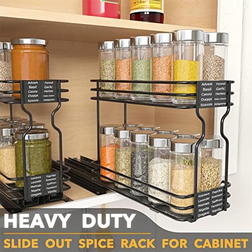 Pull Out Spice Rack Organizer for Cabinet, Heavy Duty Slide Out Seasoning Kitchen Organizer, Cabinet Organizer, with Labels, 4.5" W x10.75 D x8.5 H, 1 Drawer 2-Tier