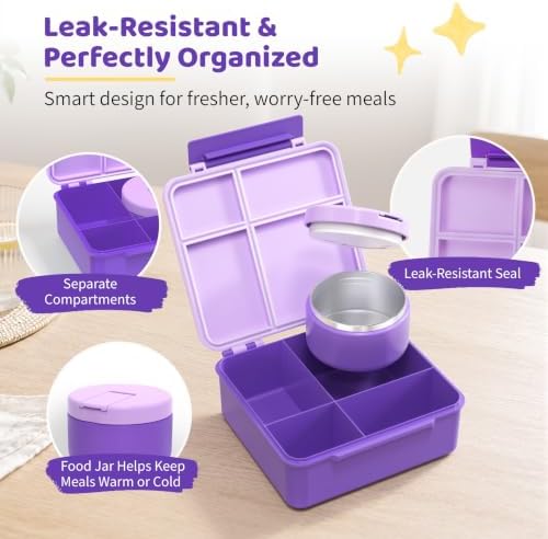 Bento Lunch Box with 8oz Soup Thermo, Kids Leakproof Lunch Food Containers with 4 Compartment, Kids Thermo Insulated Hot Food Jar for School, Trvael (Purple)