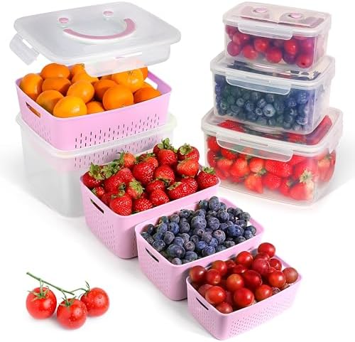Fruit Storage Containers for Fridge - Set of 4 - Airtight Lid Keeps Fresh - For Fruit & Vegetable Storage - Space-Saving Design - Ideal for Produce, Berries, Snacks - Pink
