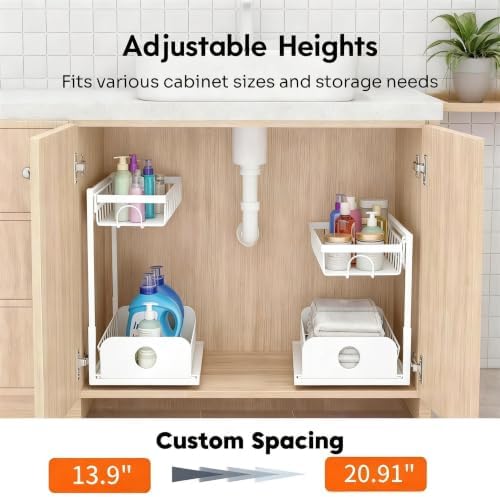 Under Sink Organizer, 2 Pack Under Kitchen Cabinet Organizer, Height Adjustable Pull Out Mute Slide-Out 2 Tier Metal Under Sink Storage for Bathroom, Pantry, Kitchen & Bedroom (White, 2 Pack)