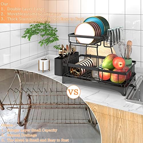 2-Tier Dish Drying Rack - Dish Rack with Auto Drain-to-Sink & Mat