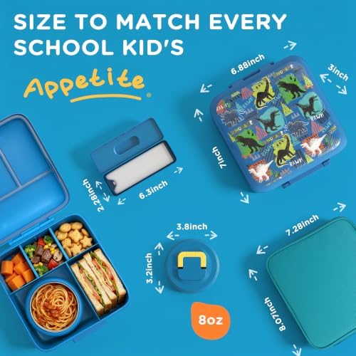 Bento Lunch Box for Kids With 8oz Soup thermo,Leak-proof Lunch Containers with 5 Compartment,thermo Food Jar and Lunch Bag, Food Containers for School (A-Blue(Dinosaur))