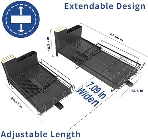 Extendable Dish Drying Rack, 20.5"-27.6" L x 12.6" W, Black