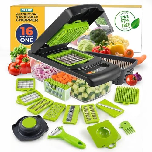 16-in-1 Vegetable Chopper with Container – Multifunctional Food Cutter, Dicer, Slicer, Grater, Peeler – Essential Kitchen Gadget for Veggies, Fruits & Salad, Easy & No-Mess Meal Prep, Gray by GRAZIE