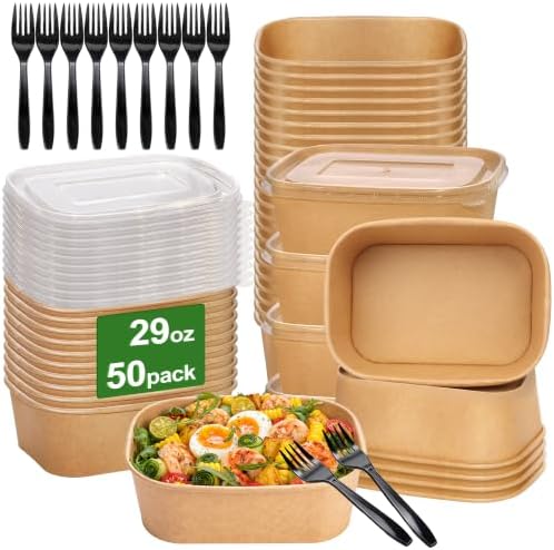 50 Pack 29oz Disposable Meal Prep Containers with Lids and Forks, Microwave and Freezer Safe Kraft Paper Bowls for Salad Noodles, Take Out Containers for Hot/Cold Food