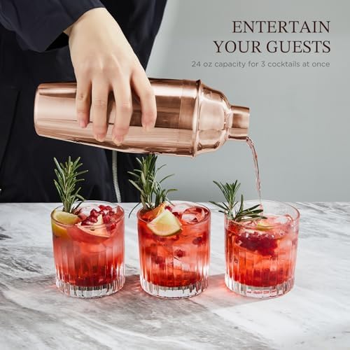 Cocktail Shaker Set, Stainless Steel Bartending Kit with 25 Ounce Cocktail Shaker with Built in Drink Strainer, Measuring Jigger, Mixing Spoon & Drink Recipe Guide, Rose Gold