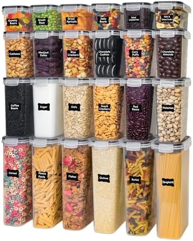 Kitchen Storage Containers with Lids, 48 PCS Airtight Food Storage Containers, Plastic Kitchen Containers, Pantry Containers for Cereal, Dry Food, Includes Labels, Marker & Measuring Spoons