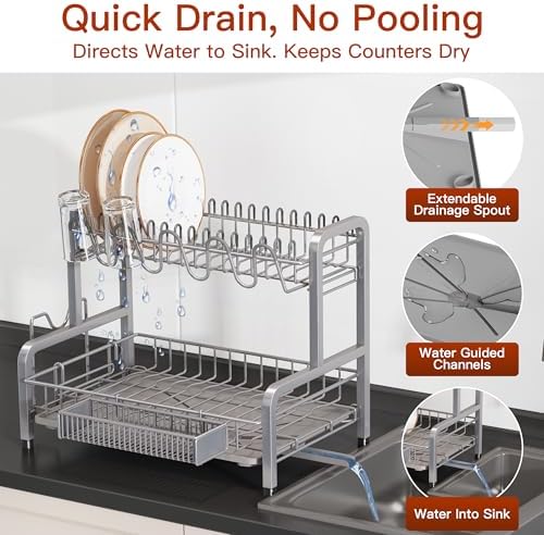 2 Tier Large Stainless Steel Dish Drying Rack for Kitchen Counter