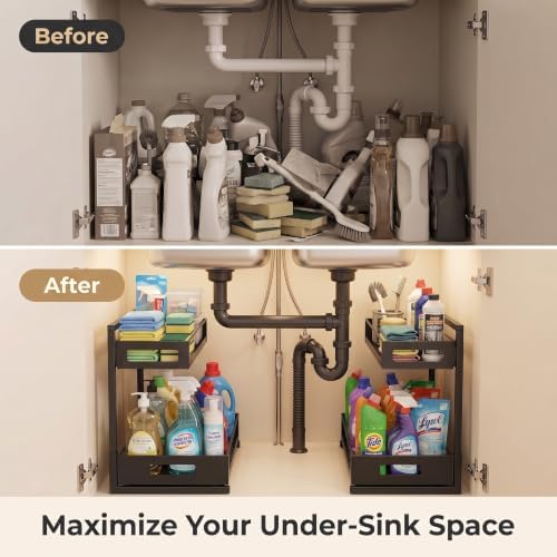 Under Sink Organizer, Adjustable Height 2 Tier Pull Out Cabinet Organizer