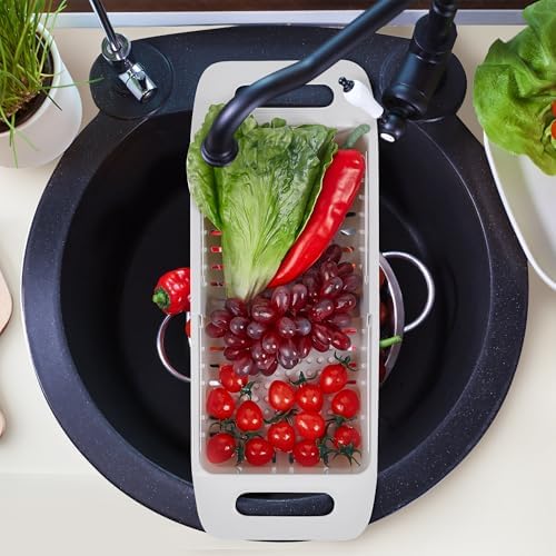 Expandable Over the Sink Colander Strainer Basket, Kitchen Strainers and Colanders for Washing Vegetables and Fruits, Draining Cooked Pasta, Drying Dishes, Gray