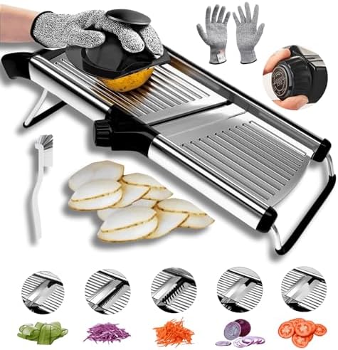 Adjustable Mandoline Slicer for Kitchen– French Fry Cutter, Potato Slicer Vegetable Slicer Tomato Slicer in Kitchen Essentials with Resistant Gloves- Stainless Steel Mandolin vegetable cutter