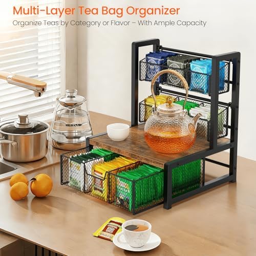 Tea Bag Organizer, 3 Tier Tea Storage Box, Rustic Brown