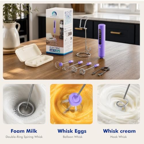 Rechargeable Milk Frother with Stand, 4 Interchangeable Whisks & Travel Case – Handheld Mixer for Lattes, Matcha, Hot Chocolate, Eggs & Protein Shakes - Image 4