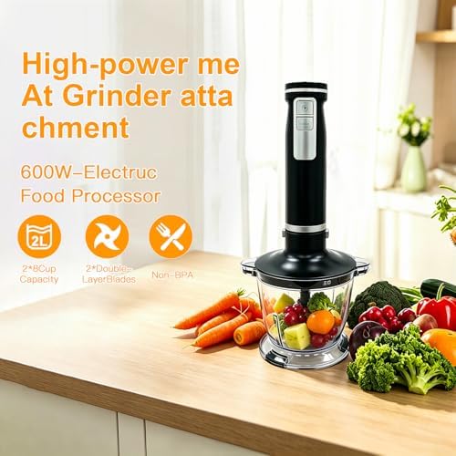 Handmixer Electric Handheld, 6-in-1 Multifunctional Handheld Immersion Blender Bundle and Whisk, Milk Frother, Food Chopper