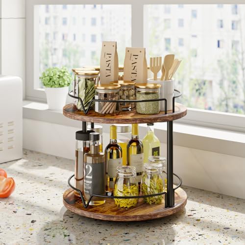 12" Wood Lazy Susan, 2 Tier-Rotating Spice Rack, Rustic Brown