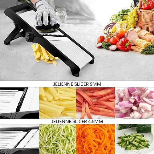 WELTONHM Mandoline Slicer, Adjustable Mandoline Slicer for Kitchen, Stainless Steel Mandolin Vegetable Chopper for Potato, Julienne Cutter with Cut-Resistant Gloves, Black - Image 3