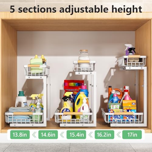 Under Sink Organizers,5 Adjustable Height，Metal Pull Out Under Sink Organizers and Storage Shelves with Sliding Drawer, Black, 2 Pack（Hight 13.6″-16.9″）