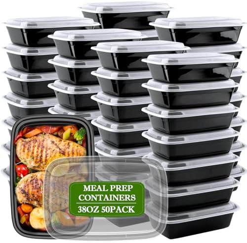 Meal Prep Containers 50 Pack 38oz Reusable, Leakproof Food Storage Containers with Lids, BPA-Free Plastic To Go Take Out Bento Box Stackable Microwave & Freezer Safe