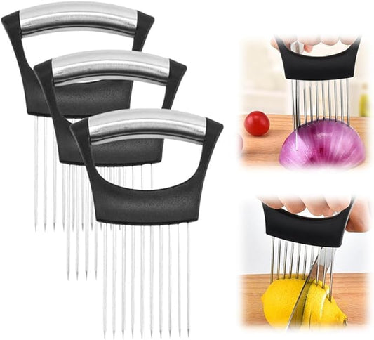 Upgrade Onion Holder for Slicing, Stainless Steel Lemon Slicer Onion Cutter for Slicing, Vegetable Cutter for Potato and Tomato, Avocados, Eggs, Meat, Kitchen Chopper Slicings Tool (Black, 3PCS)
