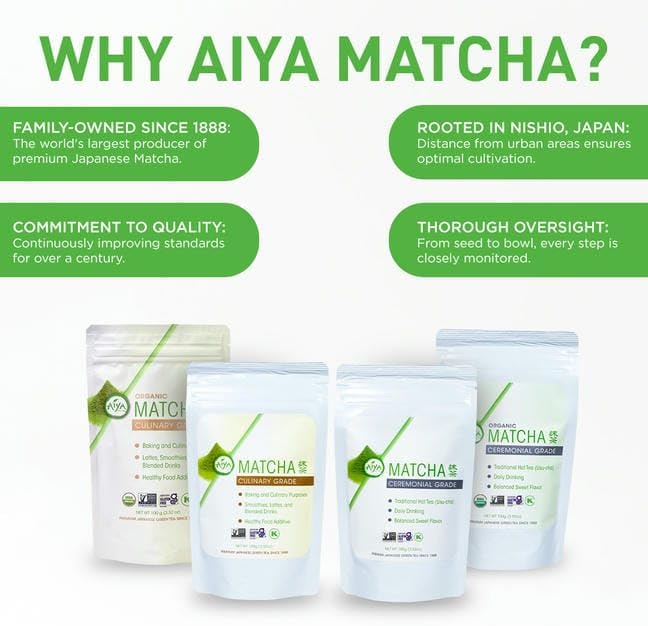 Aiya Certified USDA Japanese Organic Ceremonial Grade Matcha Green Tea Powder, 100g Bag (3.53 oz.)