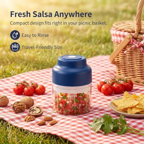 350ML Mini Electric Garlic Chopper, Mini Portable Veggie Chopper USB Charging Wireless Food Processor, Upgrade Electric Mini Garlic Chopper Set Wireless Veggie Grinder (Blue) - Image 5