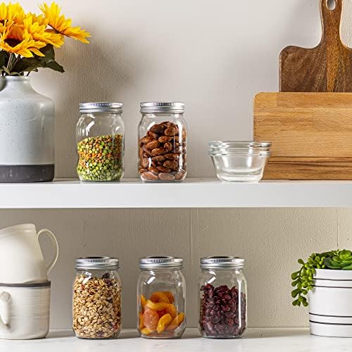[6 Pack] 16 oz. Regular-Mouth Glass Mason Jars with Metal Airtight Lids and Bands for 1 Pint Canning, Preserving, & Meal Prep