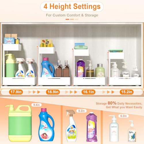 2 Pack Expandable Under Sink Organizer, 2 Tier Pull Out Cabinet Organizer with Smooth Ball Bearing Slides, Adjustable Height Cabinet Storage Shelves for Kitchen, Bathroom, Laundry, Pantry