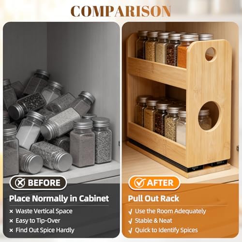 2-Tier Pull Out Spice Rack Organizer for Cabinet Kitchen Pantry