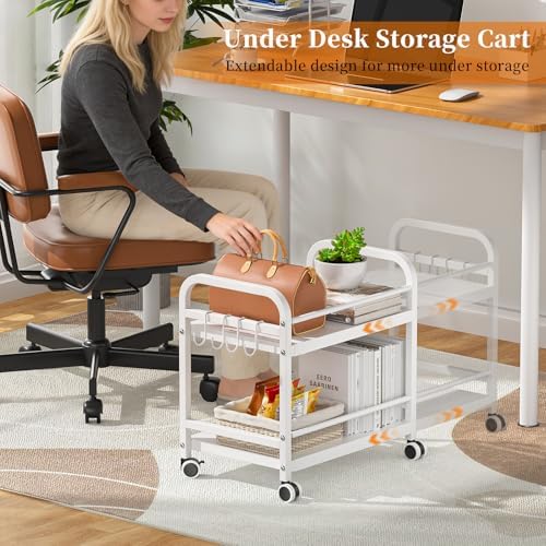 2-Tier Expandable Rolling Cart, Pantry Storage Cart with Wheels, Adjustable Rolling Pantry Floor Organizer