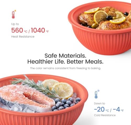 GENICOOK 3 Set Red Ribbed Glass Mixing Bowls Set with Lids, BPA Free - Image 5